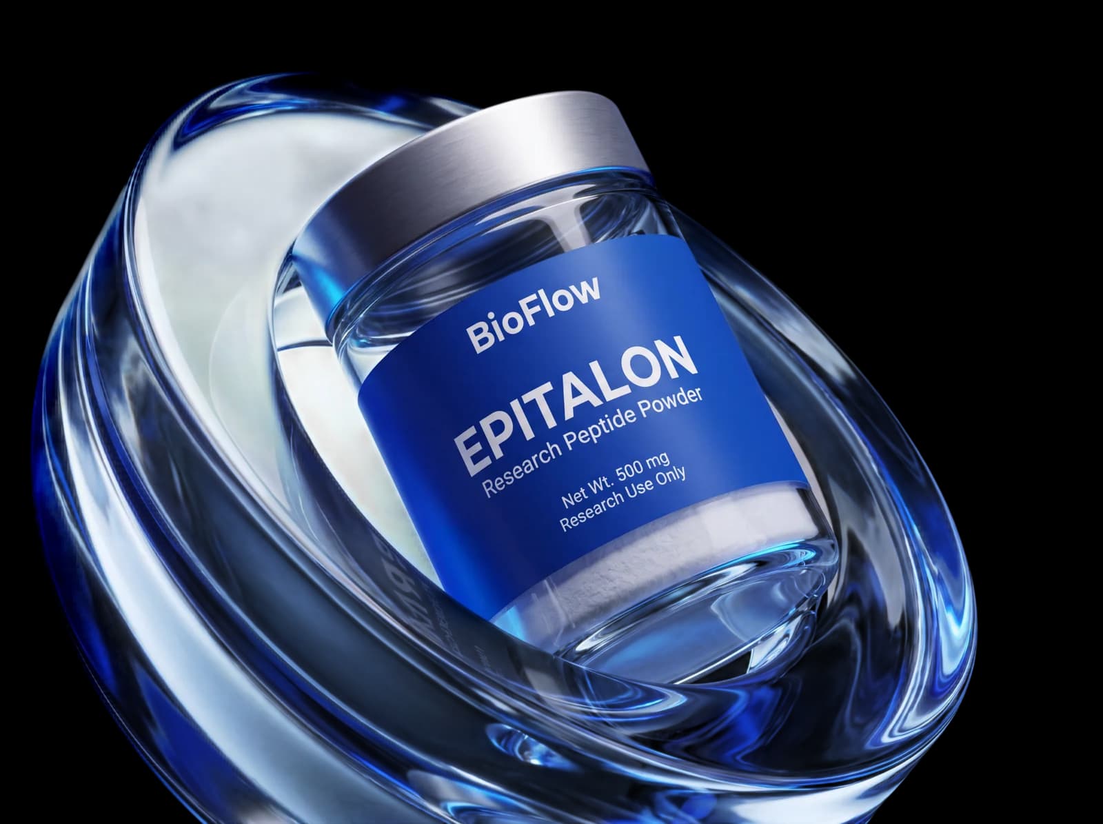 Close-up of a BioFlow Epitalon research peptide powder jar
